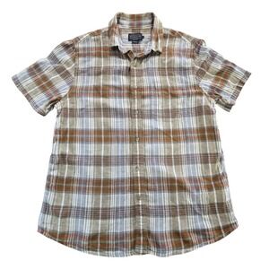 Pendleton Mens Short Sleeve Linen Rayon Plaid Button Down Shirt Brown Blue Large